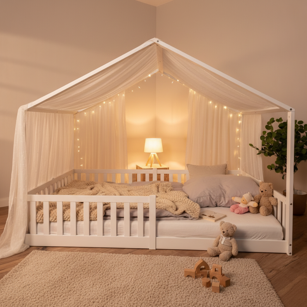 Wit huisbed 140 × 200 cm als laag kinderbed in de moderne kinderkamer