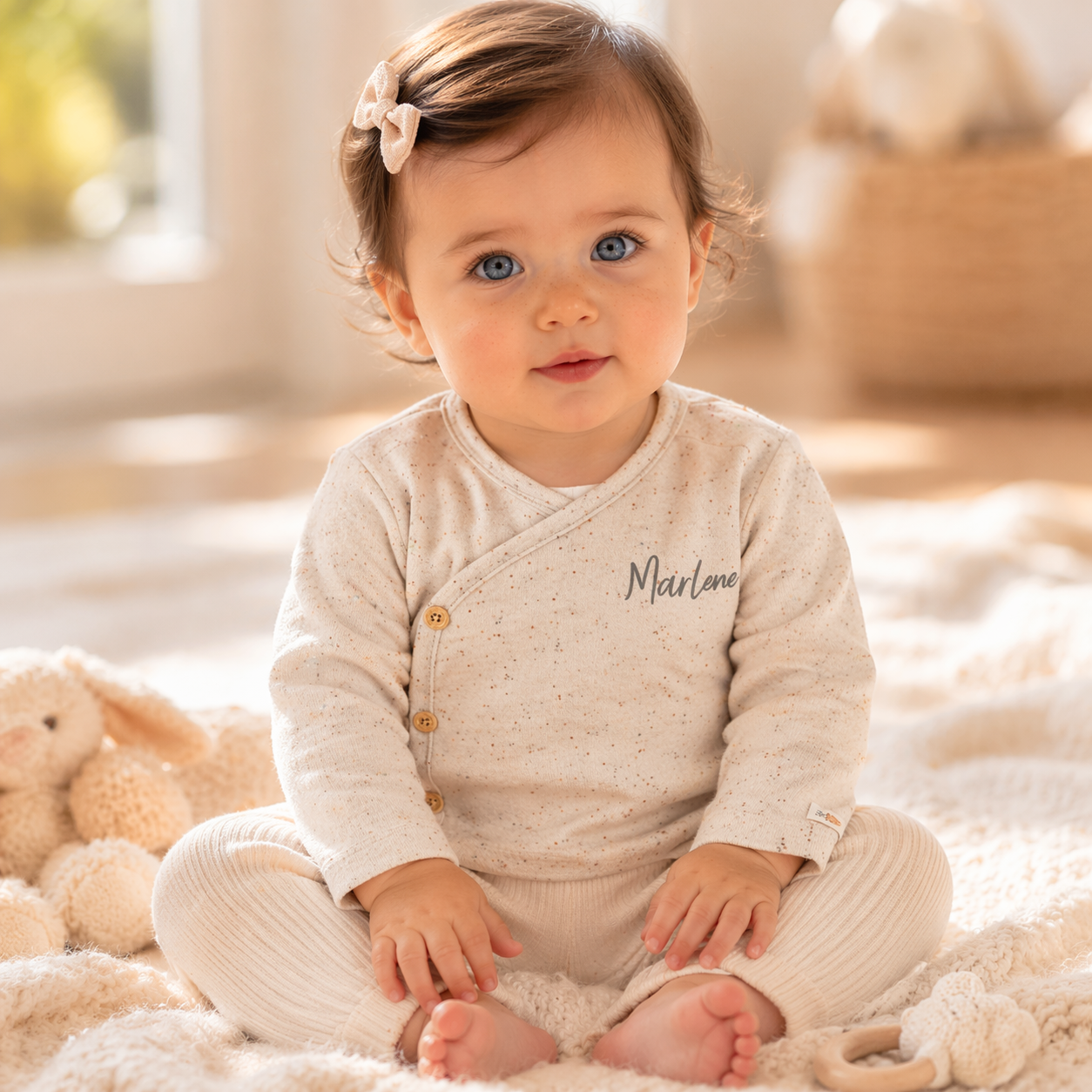 Personalisierter Baby Body mit Namen in Creme als Geschenk zur Geburt oder Taufe