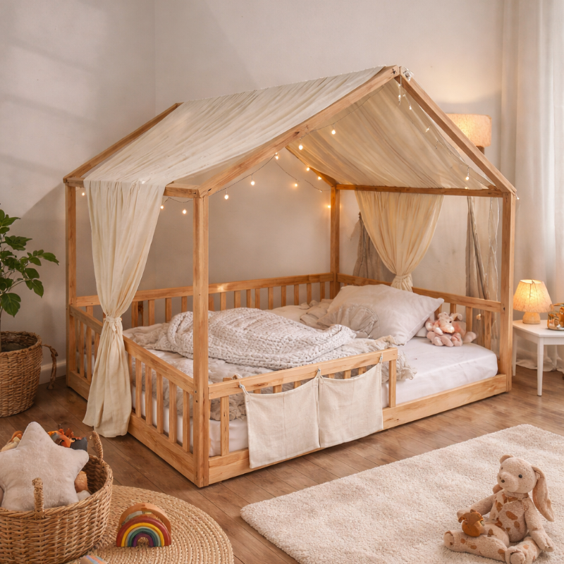 Huisbed 140 × 200 cm van naturel hout als gezellig vloerbed voor kinderen