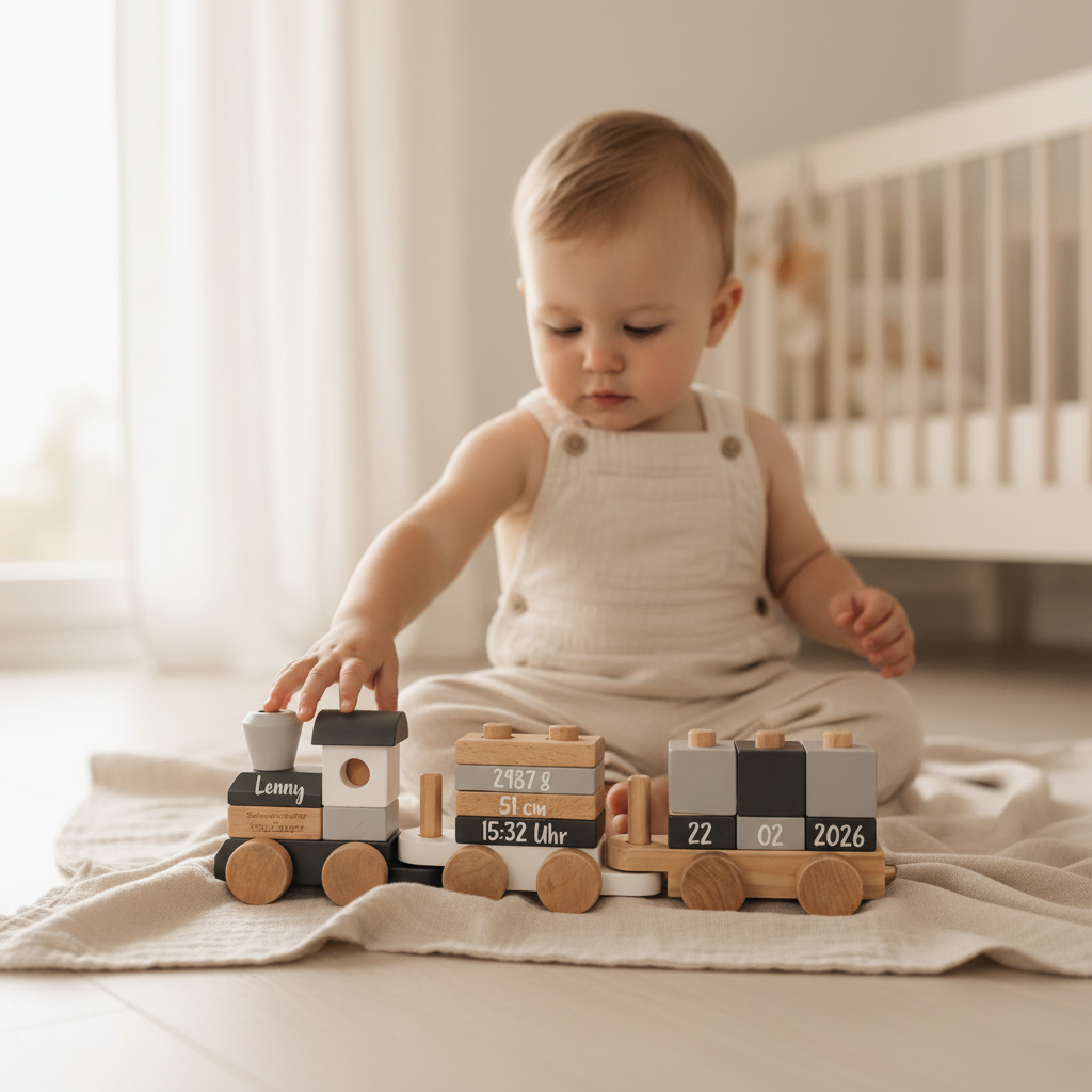 Baby mit personalisiertem Holzzug zur Geburt mit Name und Geburtsdaten