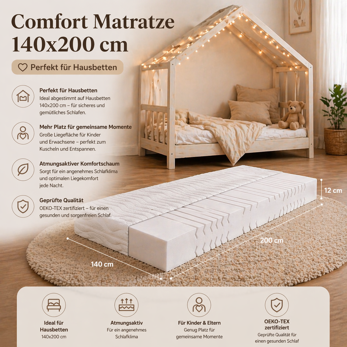 Comfort schuimmatras 140 × 200 cm voor een huisbed in de kinderkamer