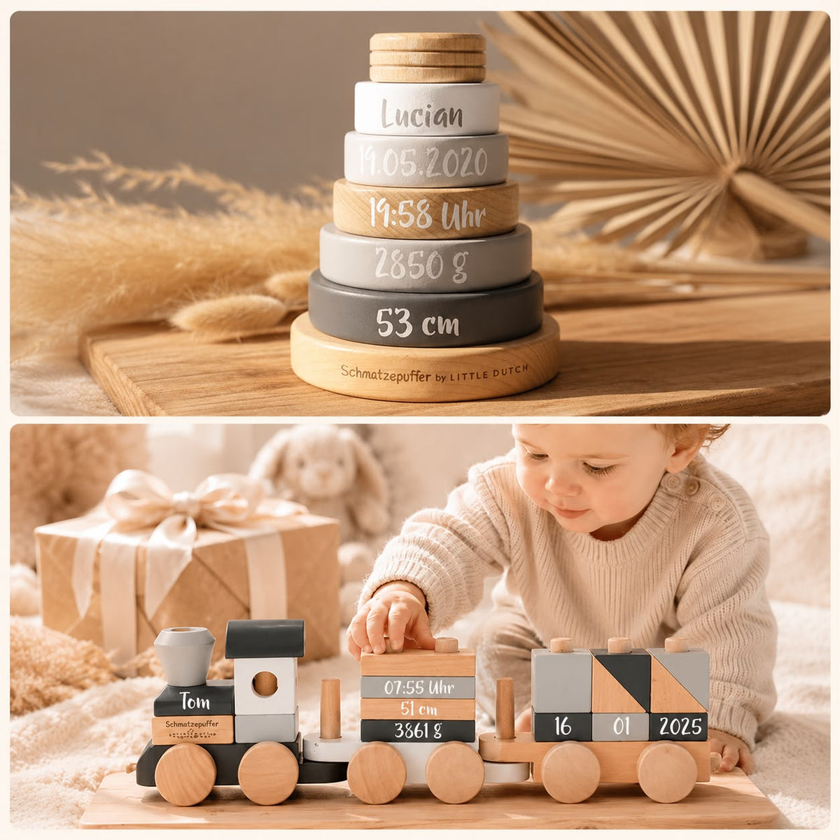 Set de regalo personalizado para el nacimiento con tren de madera y torre de apilamiento