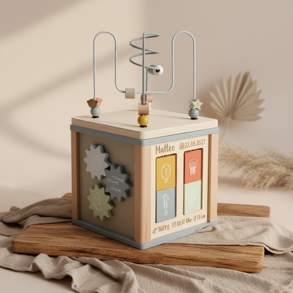 Cubo de actividades de madera personalizado con nombre y datos de nacimiento