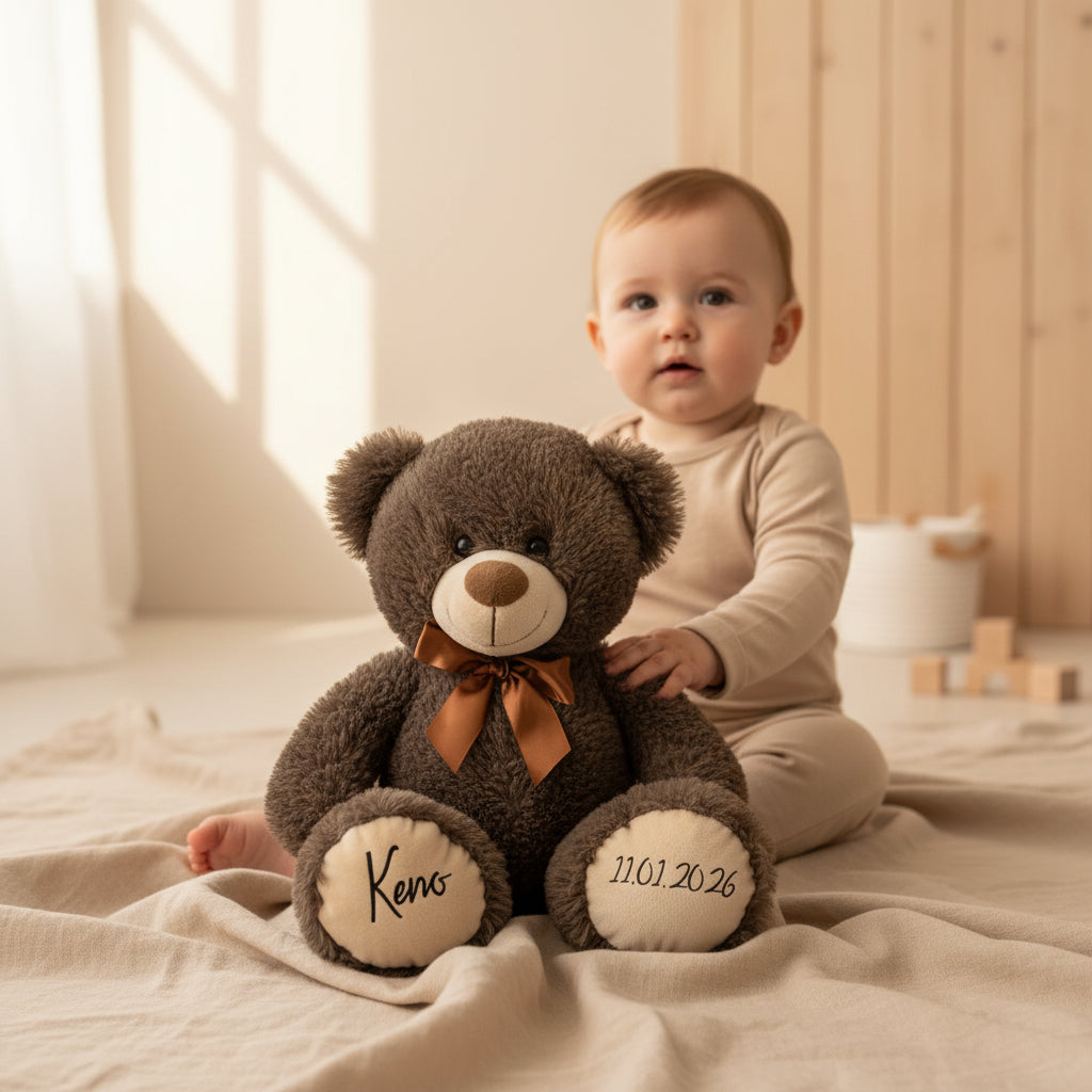Oso de peluche personalizado con nombre y fecha de nacimiento frente a un bebé