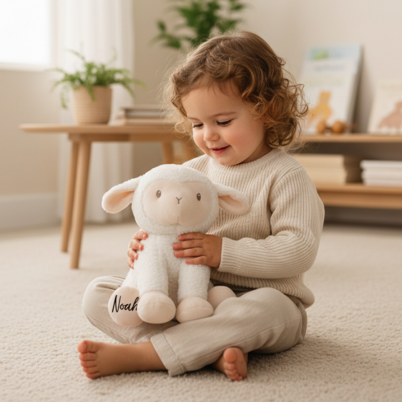 Personalisiertes Kuscheltier Schaf mit Name als emotionales Babygeschenk von Schmatzepuffer