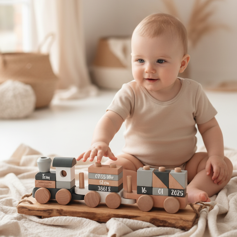 Personalisiertes Geschenk zur Geburt mit Name und Geburtsdaten von Schmatzepuffer